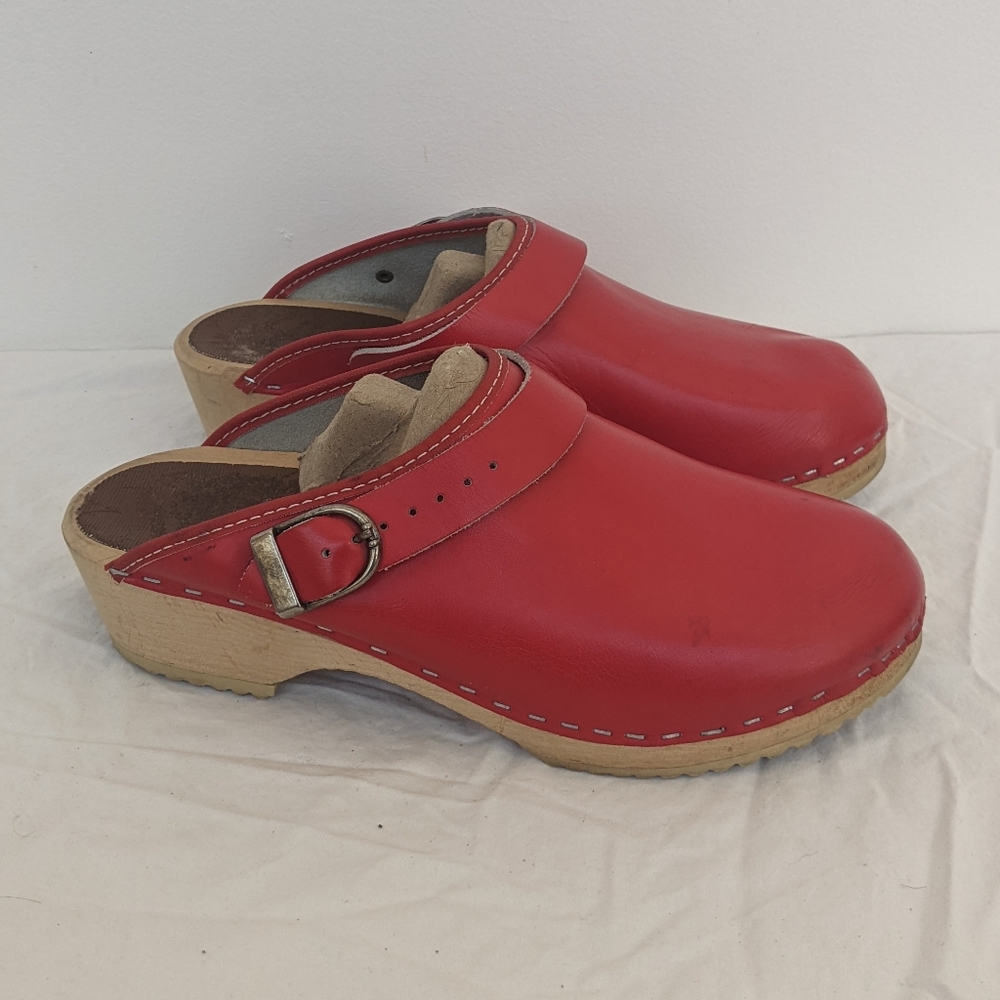 Red Leather Clog Mule with Adjustable Strap